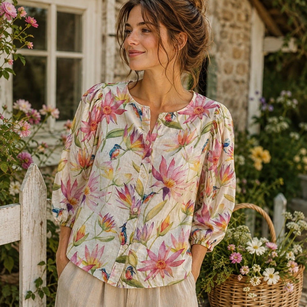 H &M Womens Floral Hummingbird Linen Blend Top Sz S Puff Sleeve Cottage Boho